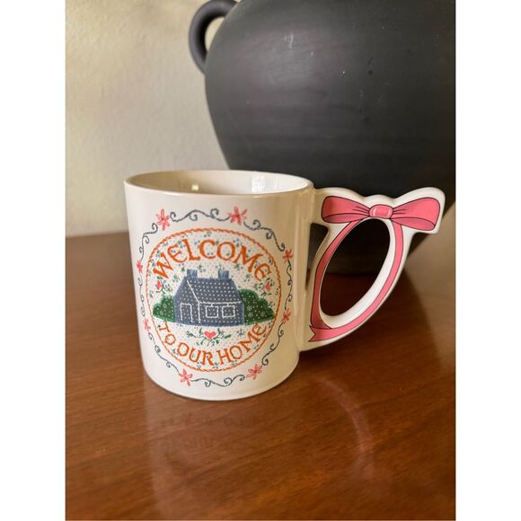 Vintage "Welcome to Our Home" Mug Bow Handle Pink Needlepoint Cottage - Picture 1 of 6